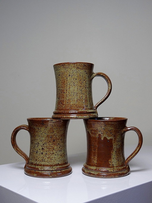 Trio De Chopes À Bière Ou À Cidre En Grès Pyrité Artisanal Vintage