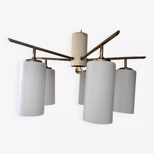 Plafonnier Italien Vintage, Laiton Et Opaline, 1950