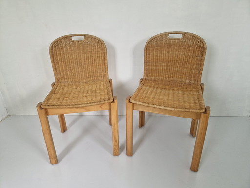 Chaises vintage en bois et en rotin, 1970S, lot de 2
