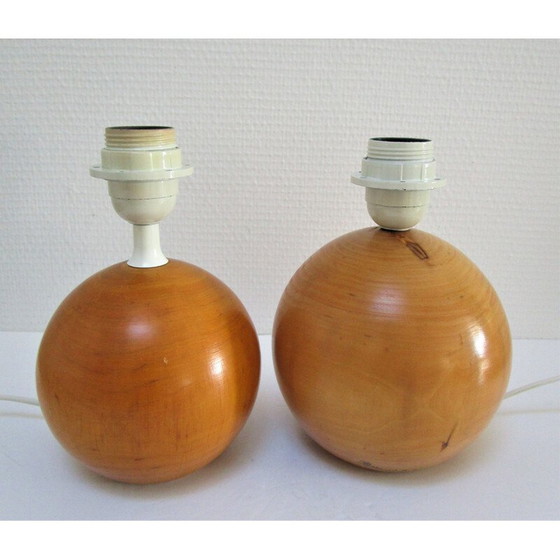Image 1 of Paire de lampes boules en bois massif vintage par Imt, Italie 1980-1990
