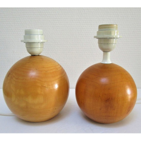 Image 1 of Paire de lampes boules en bois massif vintage par Imt, Italie 1980-1990
