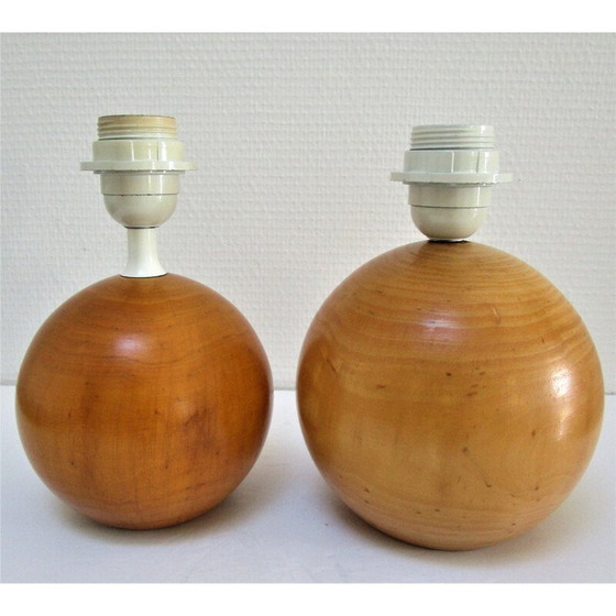 Image 1 of Paire de lampes boules en bois massif vintage par Imt, Italie 1980-1990
