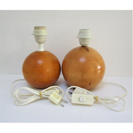 Image 1 of Paire de lampes boules en bois massif vintage par Imt, Italie 1980-1990