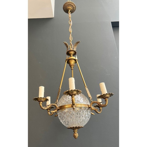 Image 1 of Lustre montgolfière vintage en bronze et cristal, France 1940