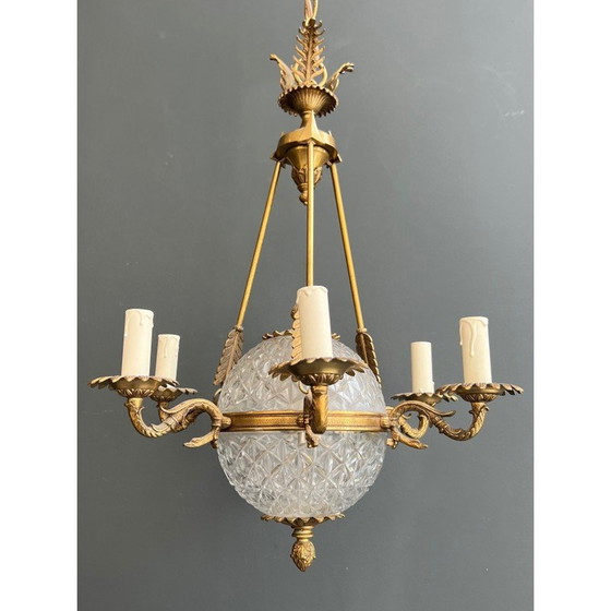 Image 1 of Lustre montgolfière vintage en bronze et cristal, France 1940