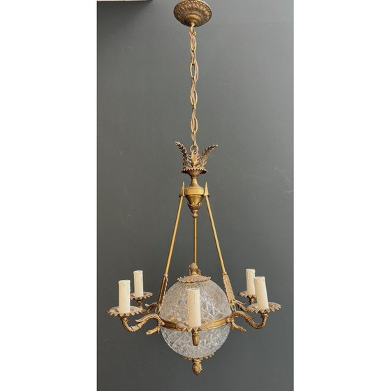 Image 1 of Lustre montgolfière vintage en bronze et cristal, France 1940