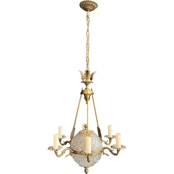 Image 1 of Lustre montgolfière vintage en bronze et cristal, France 1940