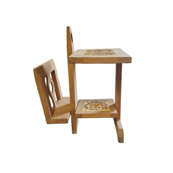 Image 1 of Table d'appoint vintage en chêne clair et céramique par Guillerme et Chambron