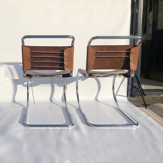 Image 1 of Ensemble de 4 chaises de salle à manger Art déco chromées milieu de siècle par Mies van der Rohe MR10, 1960s