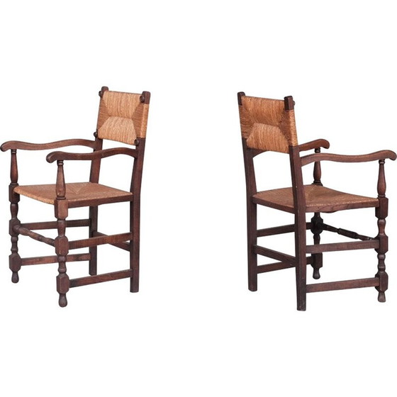 Image 1 of Paire de fauteuils vintage en chêne et jonc, France 1950