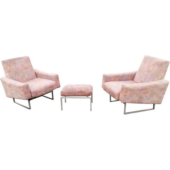Image 1 of Paire de fauteuils vintage avec ottoman en tissu rose, France 1950