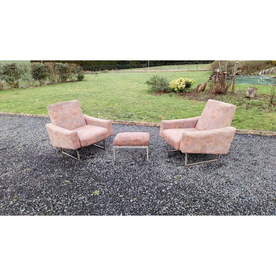 Image 1 of Paire de fauteuils vintage avec ottoman en tissu rose, France 1950