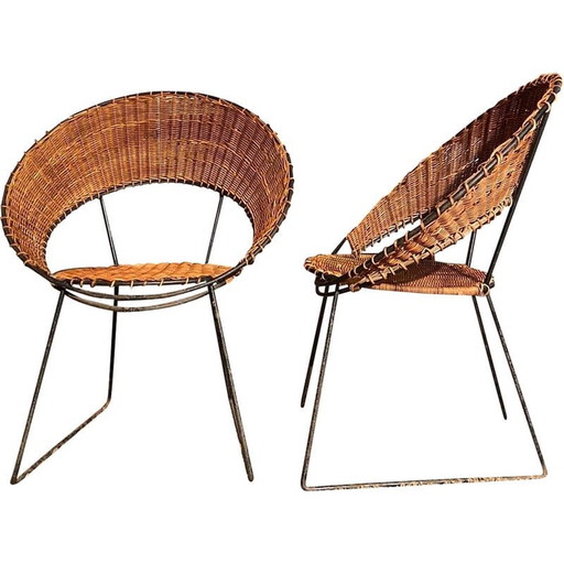 Ensemble de salon vintage en osier par Raoul Guys, 1950