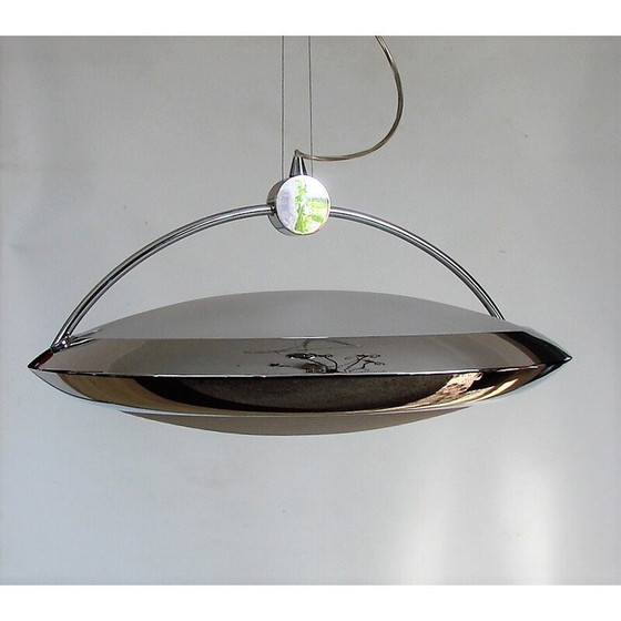 Image 1 of Lampe suspendue vintage en métal chromé, laiton et verre par F.Fabien, Italie 1980