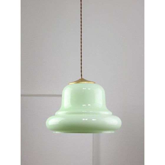 Image 1 of Lampe suspendue vintage en laiton et verre vert, Italie 1960