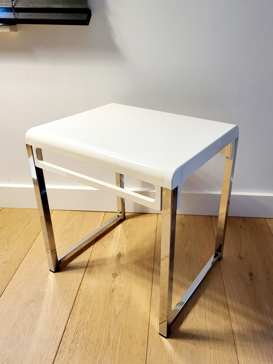Image 1 of Table d'appoint Space Age, designer Marc Berthier pour Prisunic, chrome et acrylique blanc, années 1960