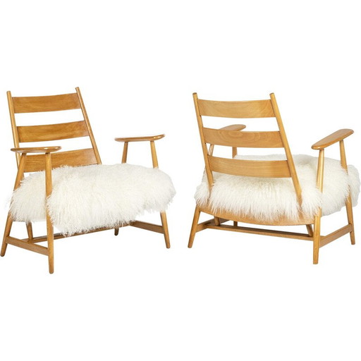 Paire de fauteuils vintage en hêtre blond et peau de chèvre tibétaine, France 1950