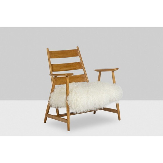 Image 1 of Paire de fauteuils vintage en hêtre blond et peau de chèvre tibétaine, France 1950