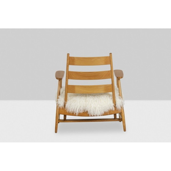 Image 1 of Paire de fauteuils vintage en hêtre blond et peau de chèvre tibétaine, France 1950