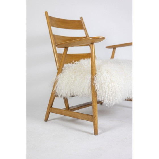 Image 1 of Paire de fauteuils vintage en hêtre blond et peau de chèvre tibétaine, France 1950