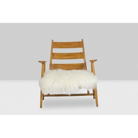 Image 1 of Paire de fauteuils vintage en hêtre blond et peau de chèvre tibétaine, France 1950