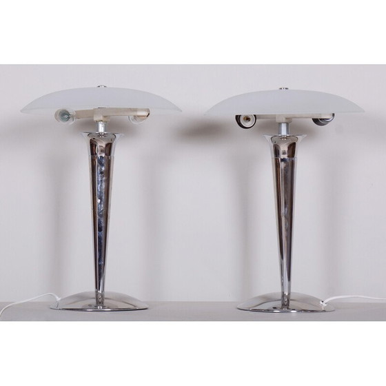 Image 1 of Paire de lampes de table du milieu du siècle en acier chromé et verre de lait, Allemagne, années 1950