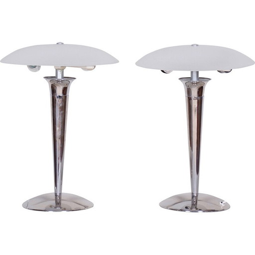 Paire de lampes de table du milieu du siècle en acier chromé et verre de lait, Allemagne, années 1950
