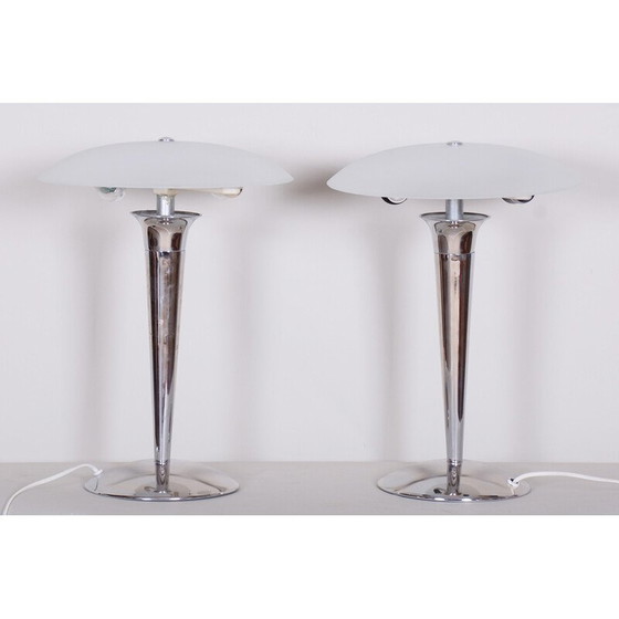 Image 1 of Paire de lampes de table du milieu du siècle en acier chromé et verre de lait, Allemagne, années 1950