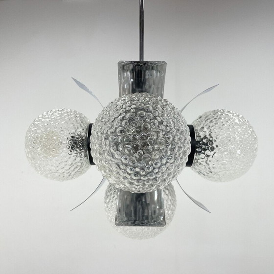 Image 1 of Lustre vintage en verre et chrome pour Elektroinstala Děčín, Tchécoslovaquie 1970.