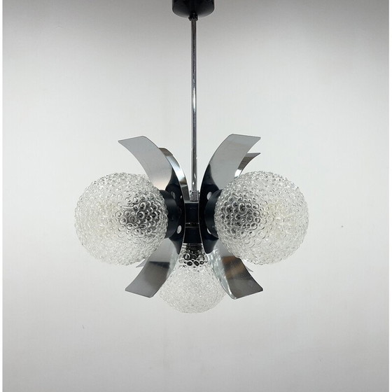 Image 1 of Lustre vintage en verre et chrome pour Elektroinstala Děčín, Tchécoslovaquie 1970.