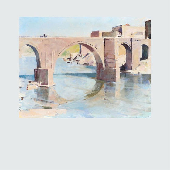 Image 1 of Paysage vintage avec pont par Harald Hansen, Danemark