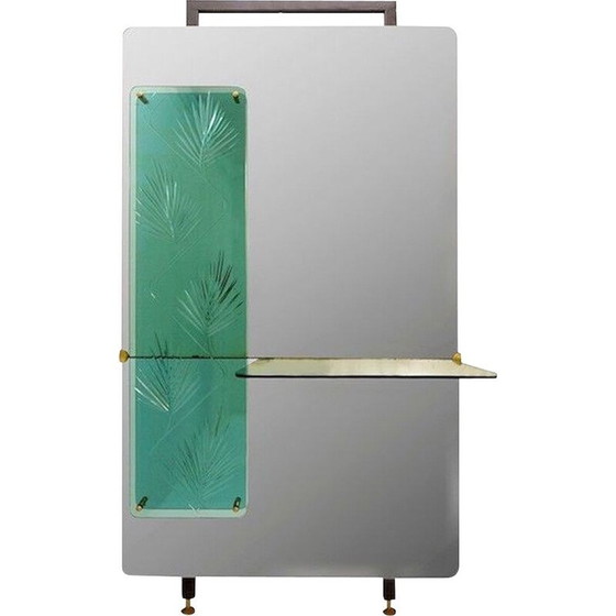 Image 1 of Miroir console vintage avec panneau décoratif en cristal gravé, italien, années 1960