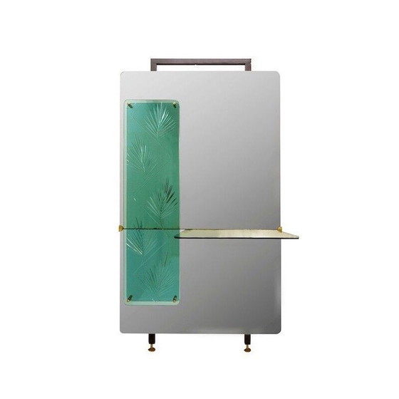 Image 1 of Miroir console vintage avec panneau décoratif en cristal gravé, italien, années 1960