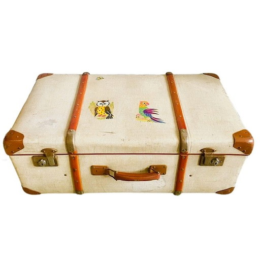 Malle cabine vintage brocante cuir beige xl