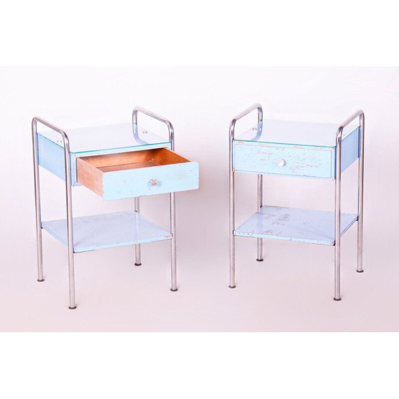 Image 1 of Paire de tables de nuit vintage en contreplaqué et acier chromé par Mücke Melder, Tchécoslovaquie 1930