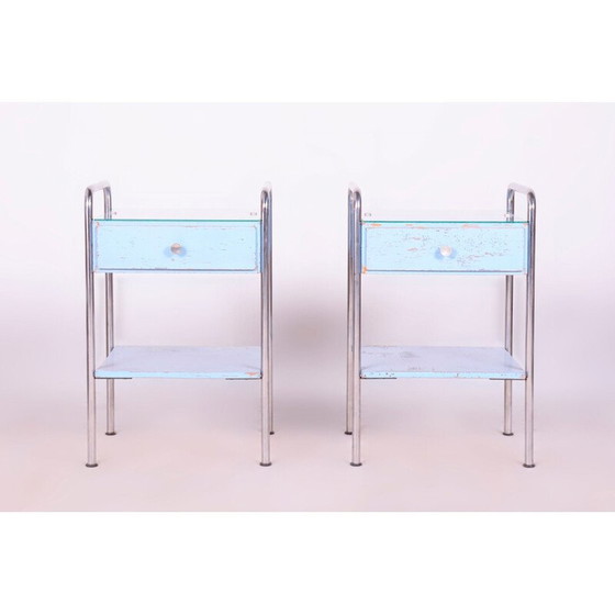 Image 1 of Paire de tables de nuit vintage en contreplaqué et acier chromé par Mücke Melder, Tchécoslovaquie 1930