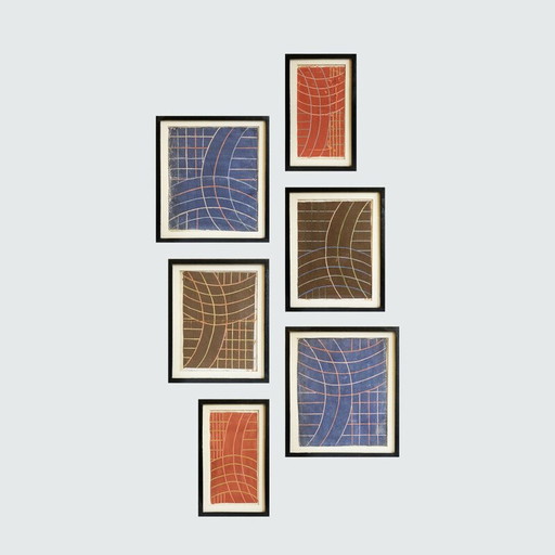 Ensemble de 6 "croquis" mixtes sur papier pour Textiles Designs, Hollande 1930