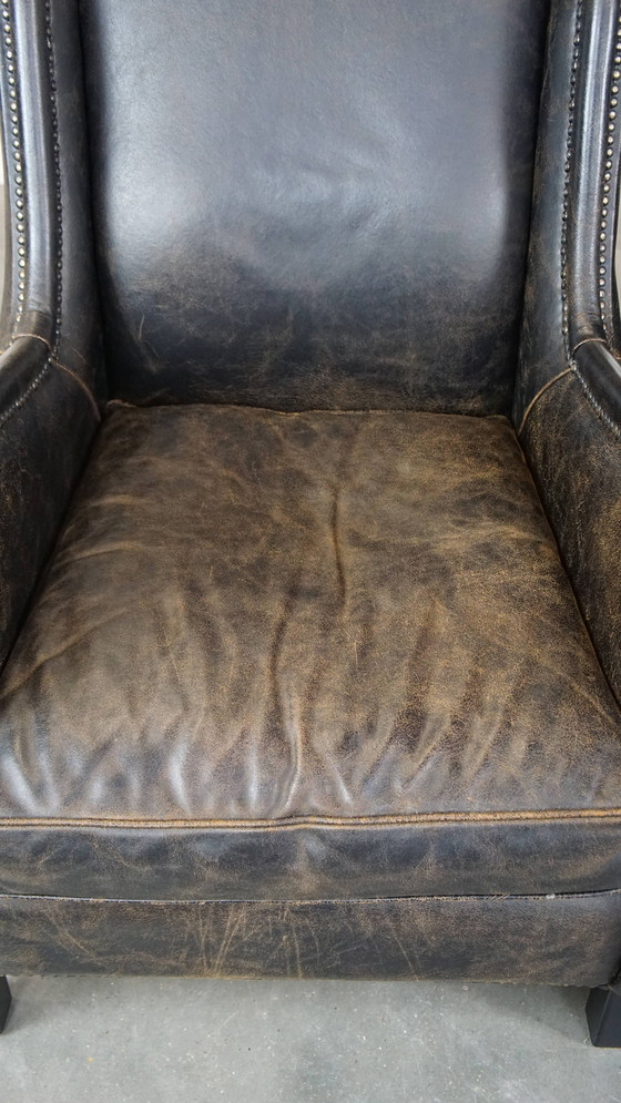 Image 1 of 2 X Fauteuil en cuir de boeuf noir avec dossier haut et clous décoratifs