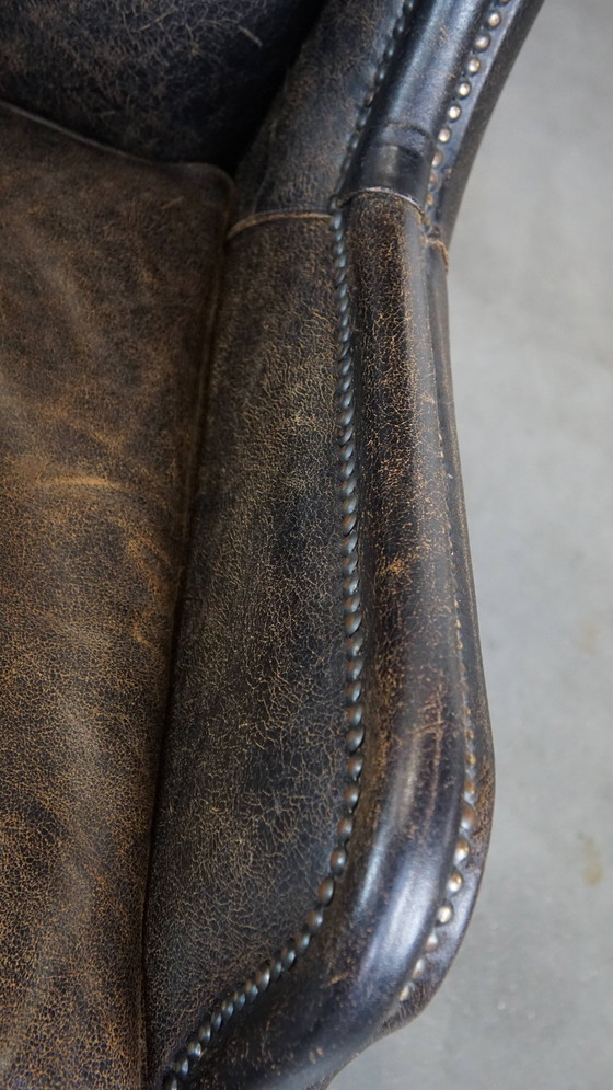 Image 1 of 2 X Fauteuil en cuir de boeuf noir avec dossier haut et clous décoratifs