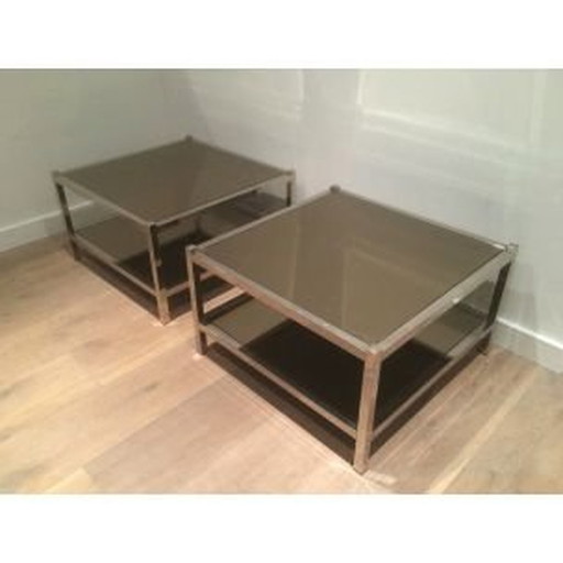 2 tables d'appoint chromées vintage avec miroirs en bronze, 1970
