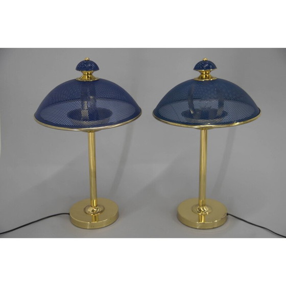Image 1 of Paire de lampes de table vintage en laiton et métal laqué bleu, Europe 1970