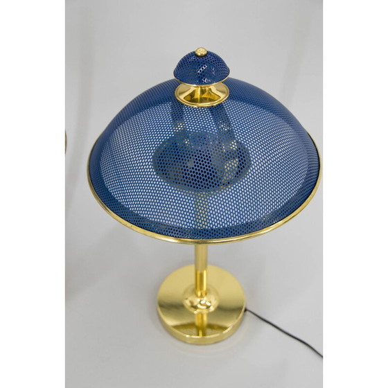 Image 1 of Paire de lampes de table vintage en laiton et métal laqué bleu, Europe 1970