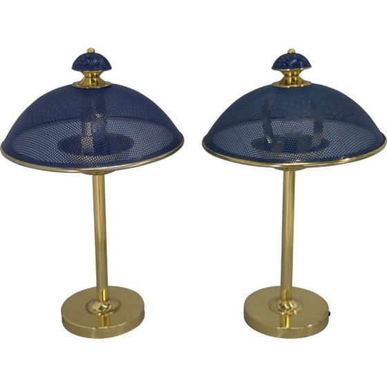 Image 1 of Paire de lampes de table vintage en laiton et métal laqué bleu, Europe 1970