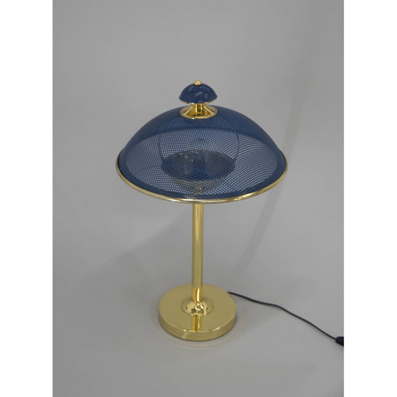 Image 1 of Paire de lampes de table vintage en laiton et métal laqué bleu, Europe 1970