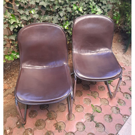 Image 1 of Paire de chaises de salle à manger vintage recouvertes de cuir de vache par Gastone Rinaldi, Italie années 1960
