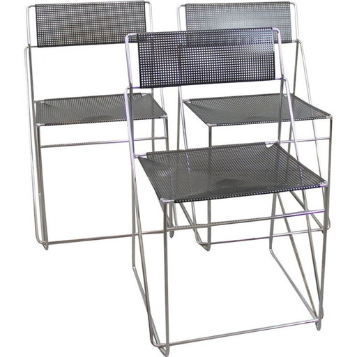 Ensemble de 3 chaises vintage en métal laqué noir et acier, Italie 1970