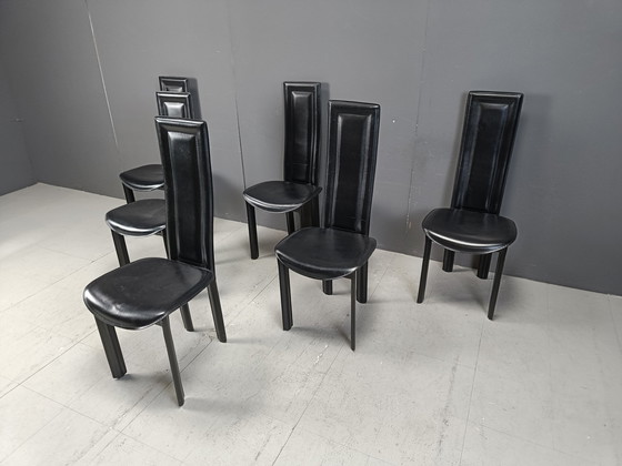 Image 1 of Chaises de salle à manger en cuir à haut dossier, 1980S