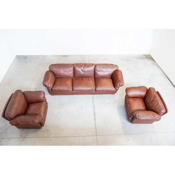 Image 1 of Ensemble de salon vintage en bois de hêtre et cuir, Italie 1990