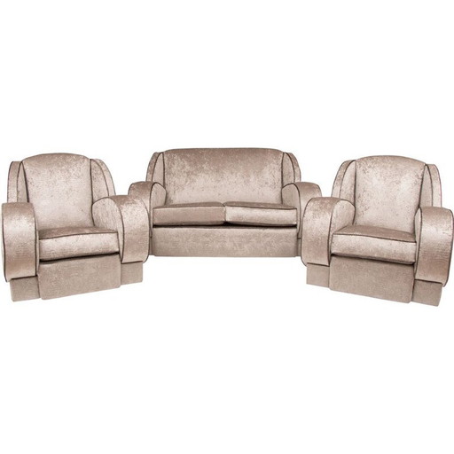 Ensemble de salon vintage en tissu argenté avec 1 canapé et 2 fauteuils