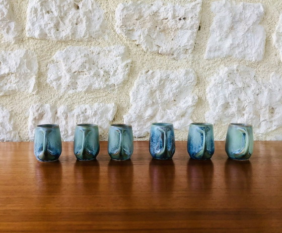 Image 1 of  Service à liqueur en grès flammé Art Nouveau de Denbac, ensemble de 7 pièces